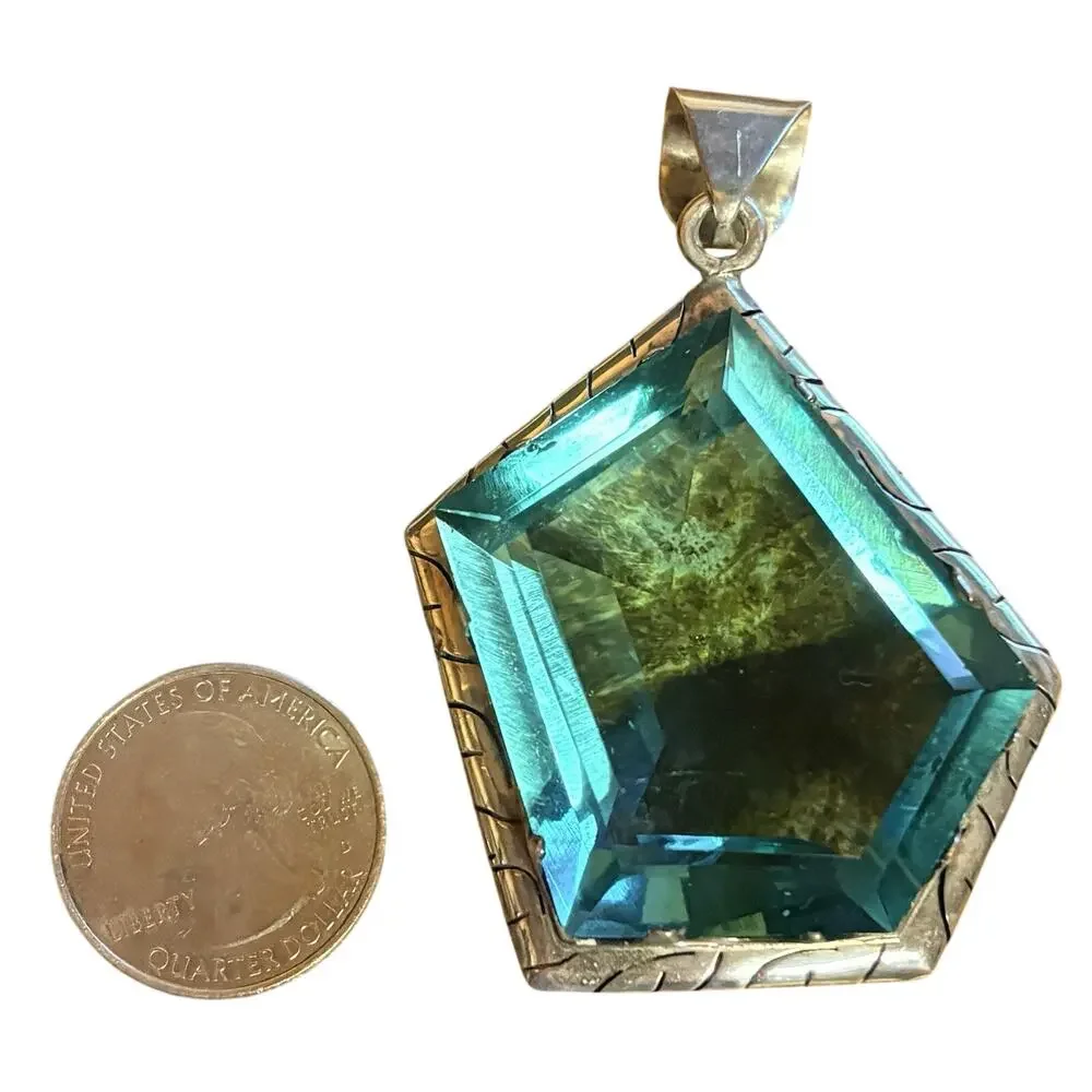Taxco Sterling Siver & Blue Pendant Marked TS-7B Large Geometric Vintage Mexico
